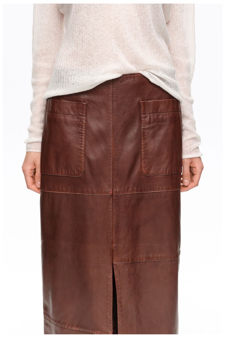 Washed Leather A-Line Midi Skirt, Alternate, color, BROWN
