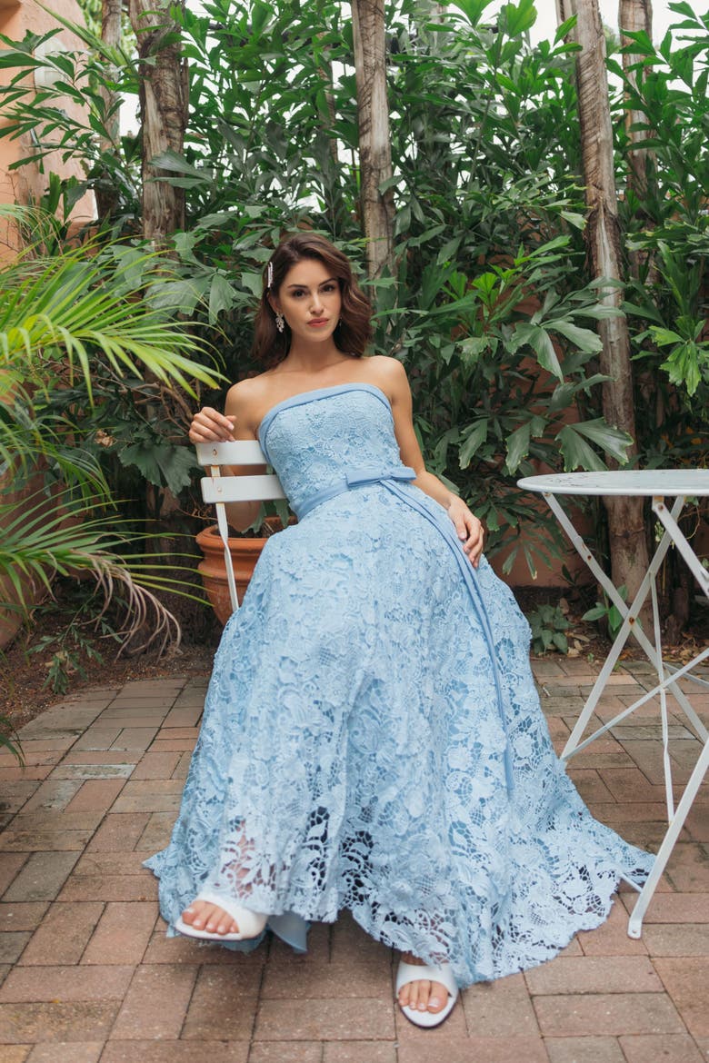 Embroidered Lace Strapless Midi Dress With Bow Detail, Alternate, color, Powder Blue