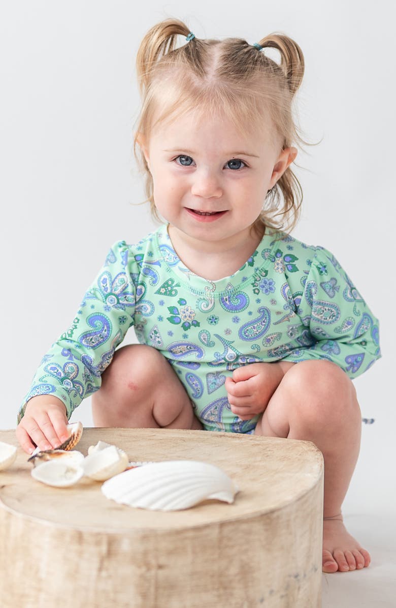 RuffleButts Sea Glass Paisley Long Sleeve One-Piece Rashguard Swimsuit, Alternate, color, 