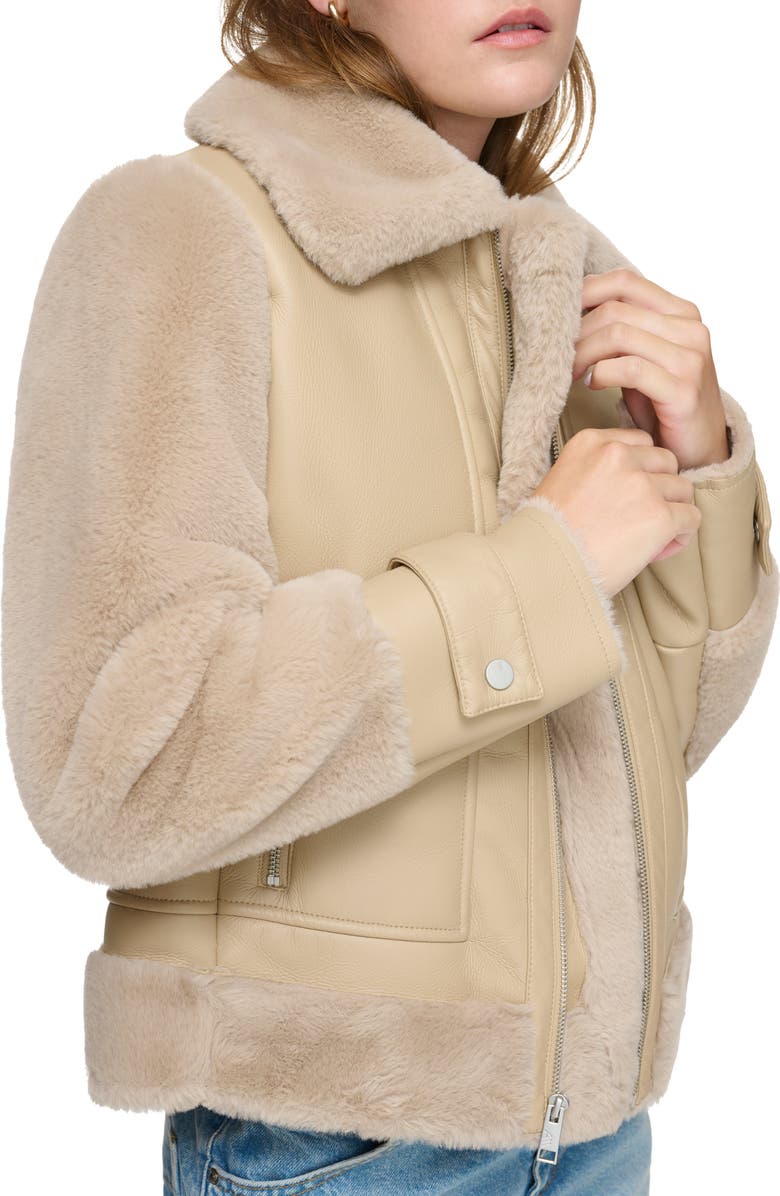 Andrew Marc Faux Fur Trim Faux Leather Aviator Jacket, Alternate, color, Oat