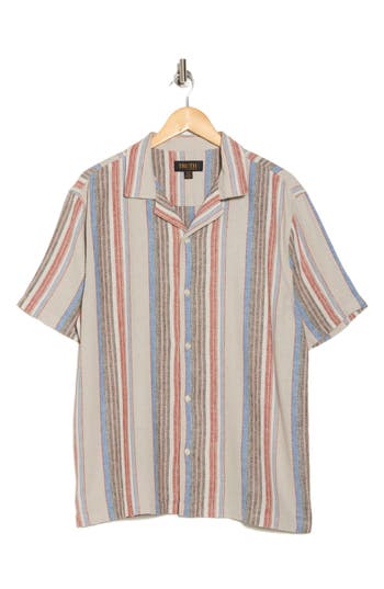 Shop Truth Stripe Linen Blend Camp Shirt In Multi Wide Barcode Stripe
