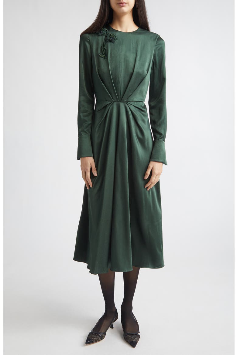Embroidered Long Sleeve Satin Seersucker Midi Dress, Main, color, FOREST GREEN