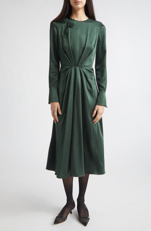 Embroidered Long Sleeve Satin Seersucker Midi Dress