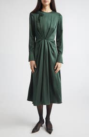 Erdem Embroidered Long Sleeve Satin Seersucker Midi Dress
