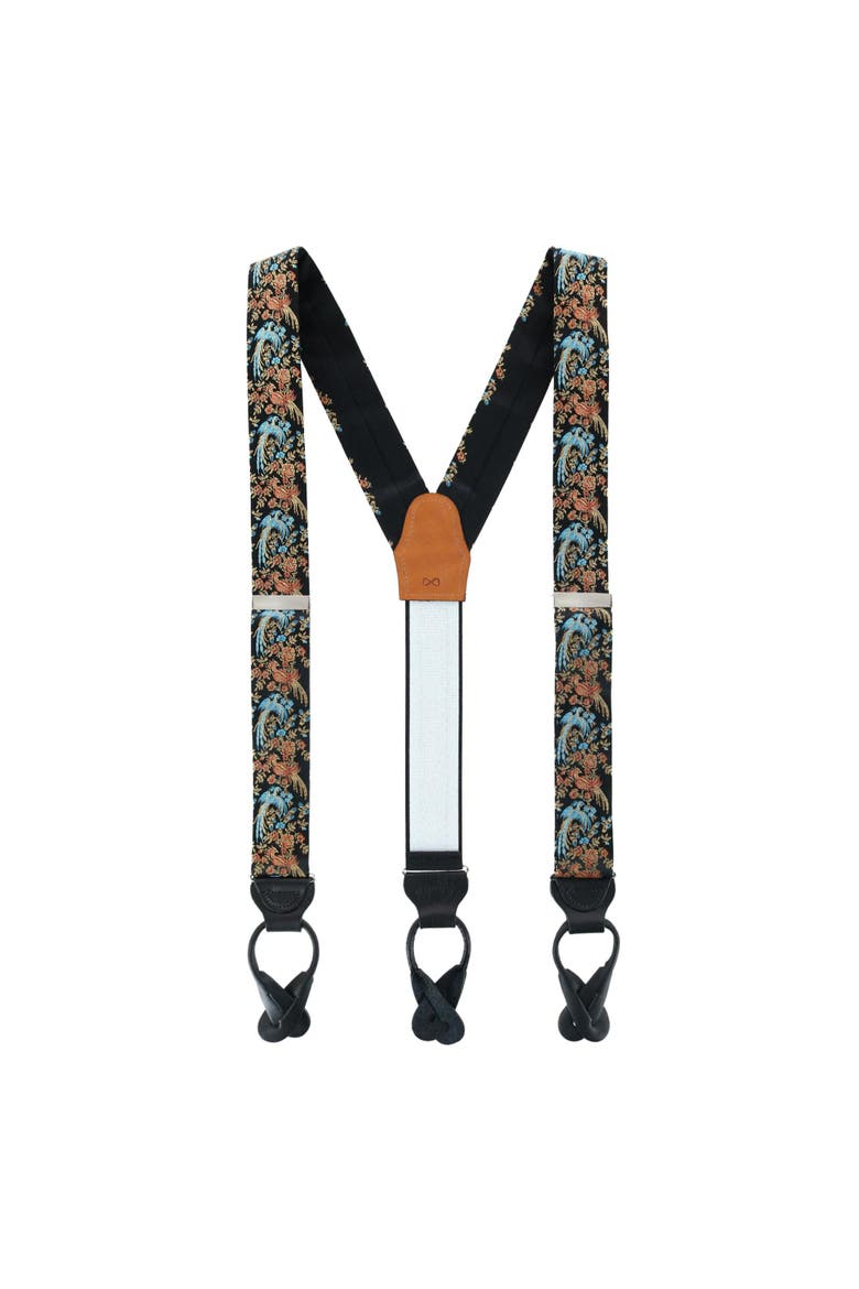 Birds of Prosperity Silk Button End Suspenders (Braces) and Necktie Set, Alternate, color, Black