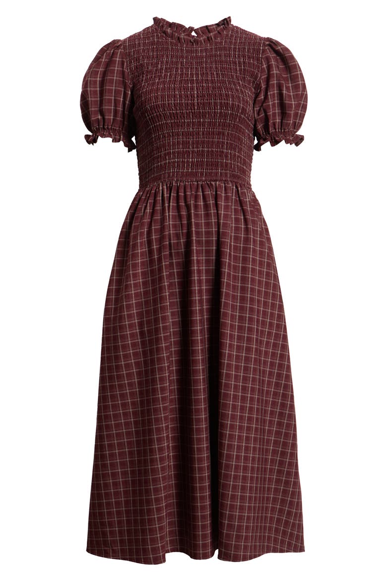 Plaid Smocked Bodice Midi Dress, Alternate, color, BURGUNDY PLAID