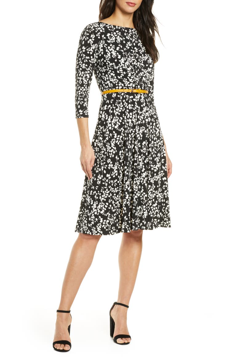 Belted Fit & Flare Dress, Main, color, BLACK/ IVORY