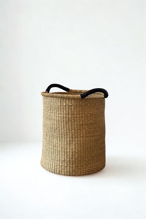 Handwoven Double Weave Pot Basket with Black Leather Handles