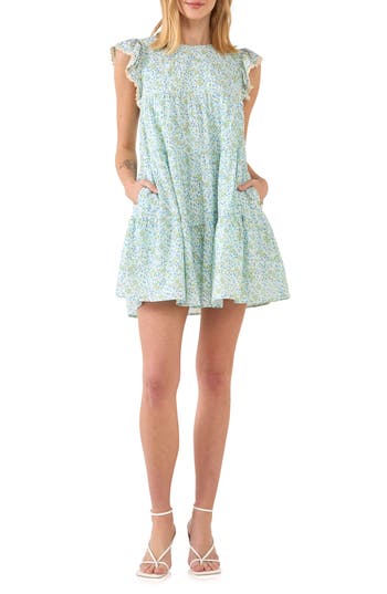 Free The Roses Floral Print Lace Minidress In Blue Multi