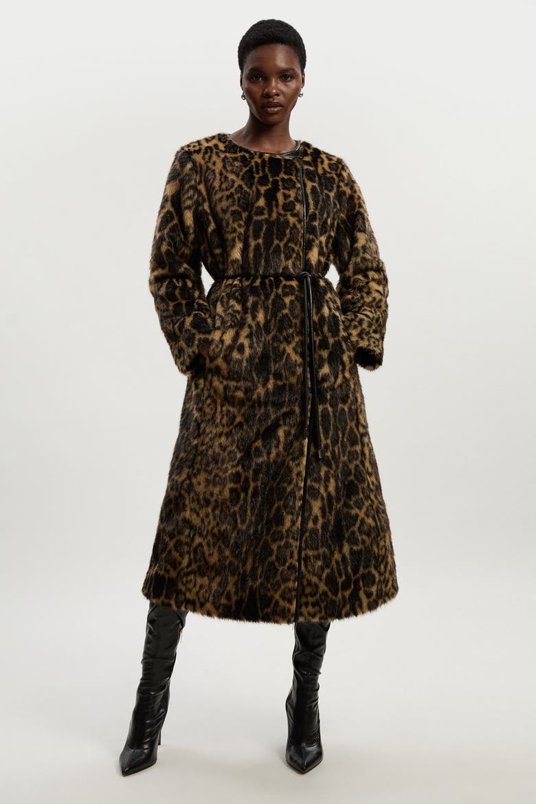 Faux Fur Collarless Tie Belted Midi Coat, Main, color, Multi