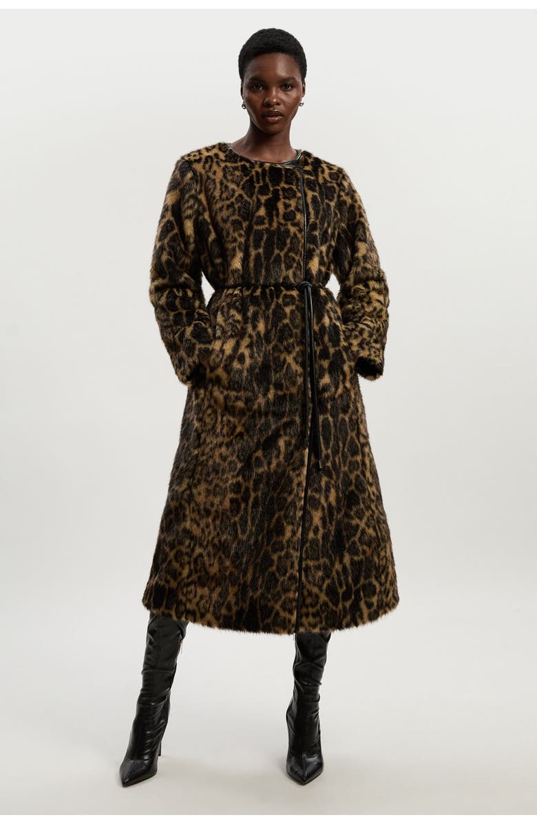 Karen Millen Faux Fur Collarless Tie Belted Midi Coat, Main, color, Multi