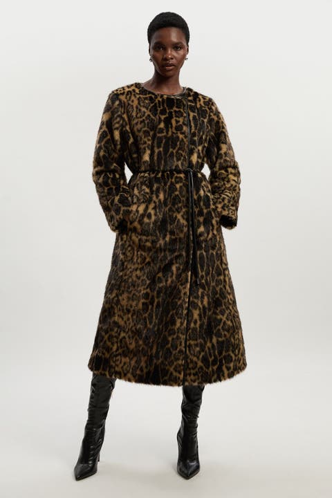 Faux Fur Collarless Tie Belted Midi Coat