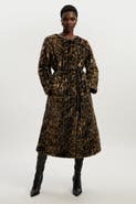 Karen Millen Faux Fur Collarless Tie Belted Midi Coat