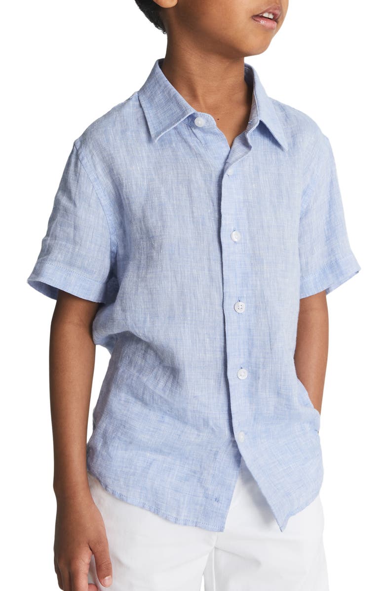 Reiss Kids' Holiday Jr. Short Sleeve Linen Button-Up Shirt, Alternate, color, Soft Blue