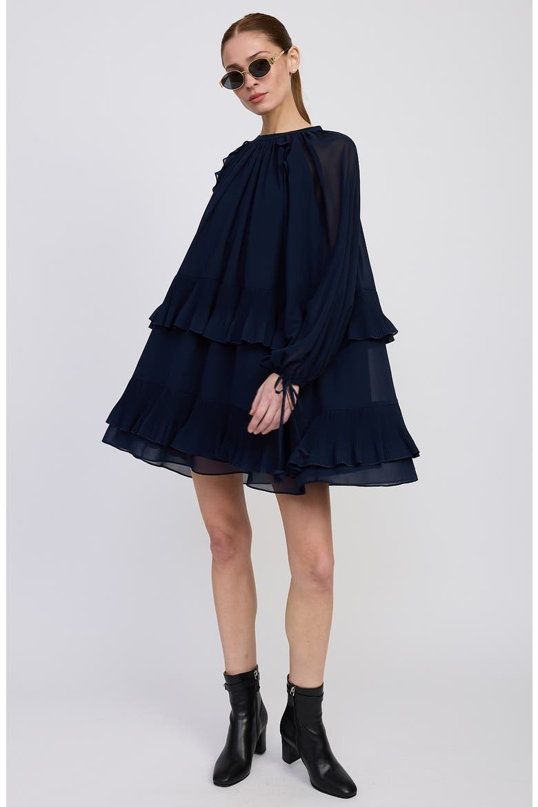 Nicolette Tiered Ruffle Long Sleeve Trapeze Dress, Alternate, color, NAVY