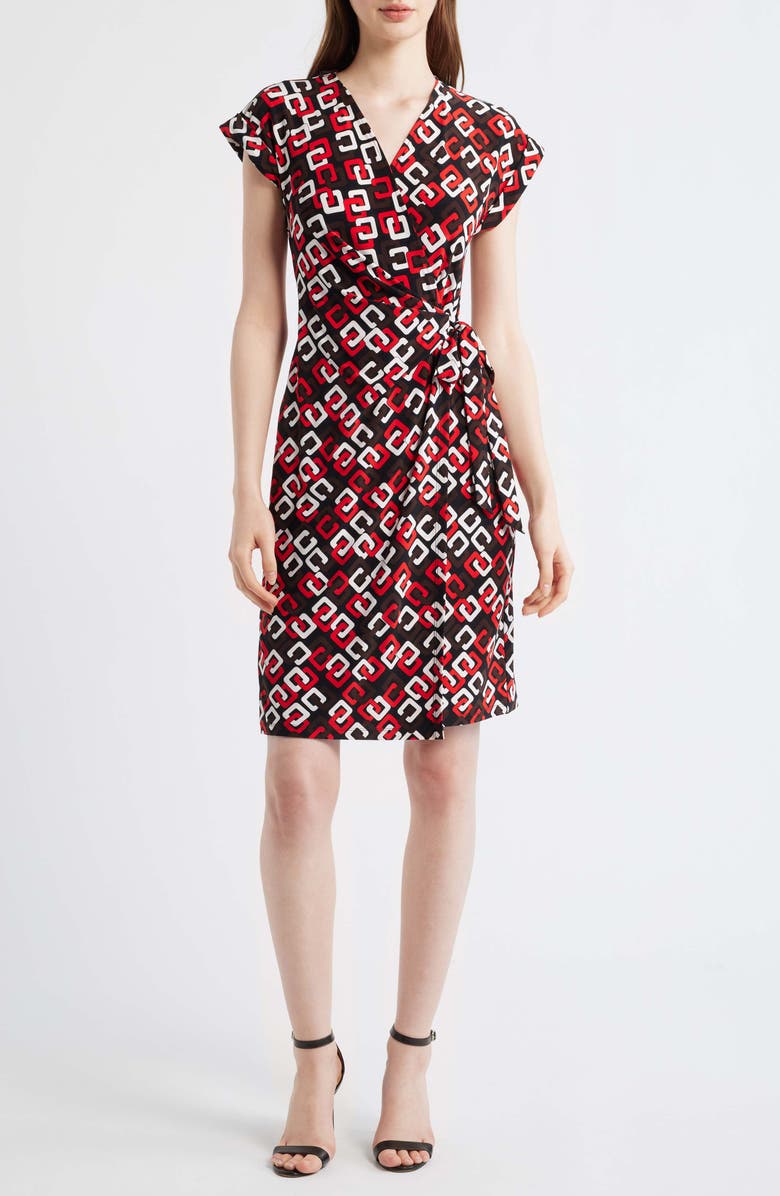 Anne Klein Print Wrap Dress, Main, color, Begonia Red Multi