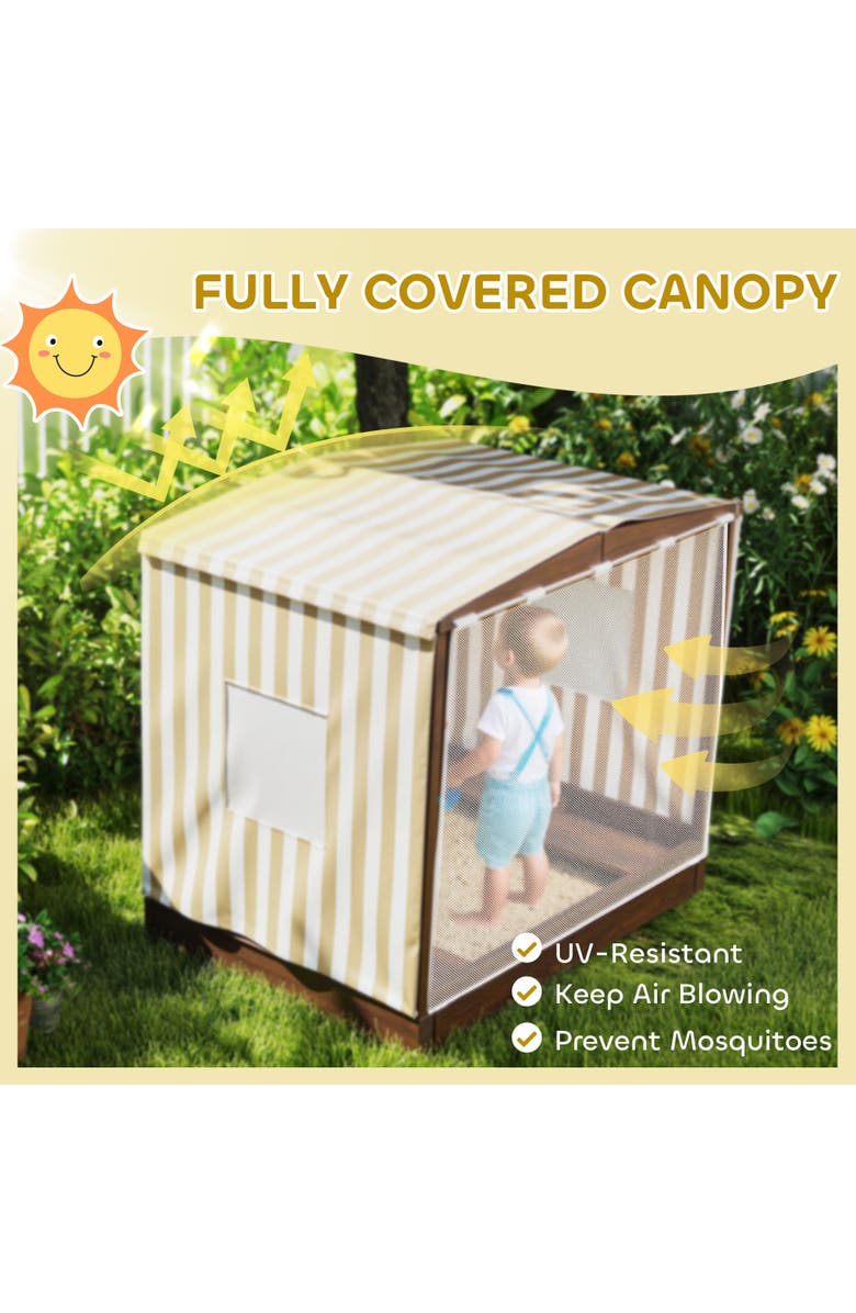 Qaba Kids Wooden Sandbox with Canopy, 2 Bench Seats & Bottom Liner, Alternate, color, Brown