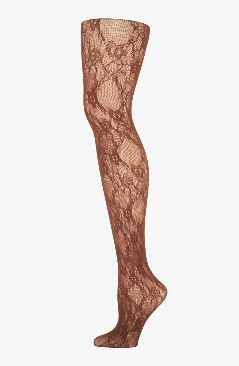 SAVAGE X FENTY Savage X Lace Floral Sheer Tights, Alternate, color, Brown Sugar Nude