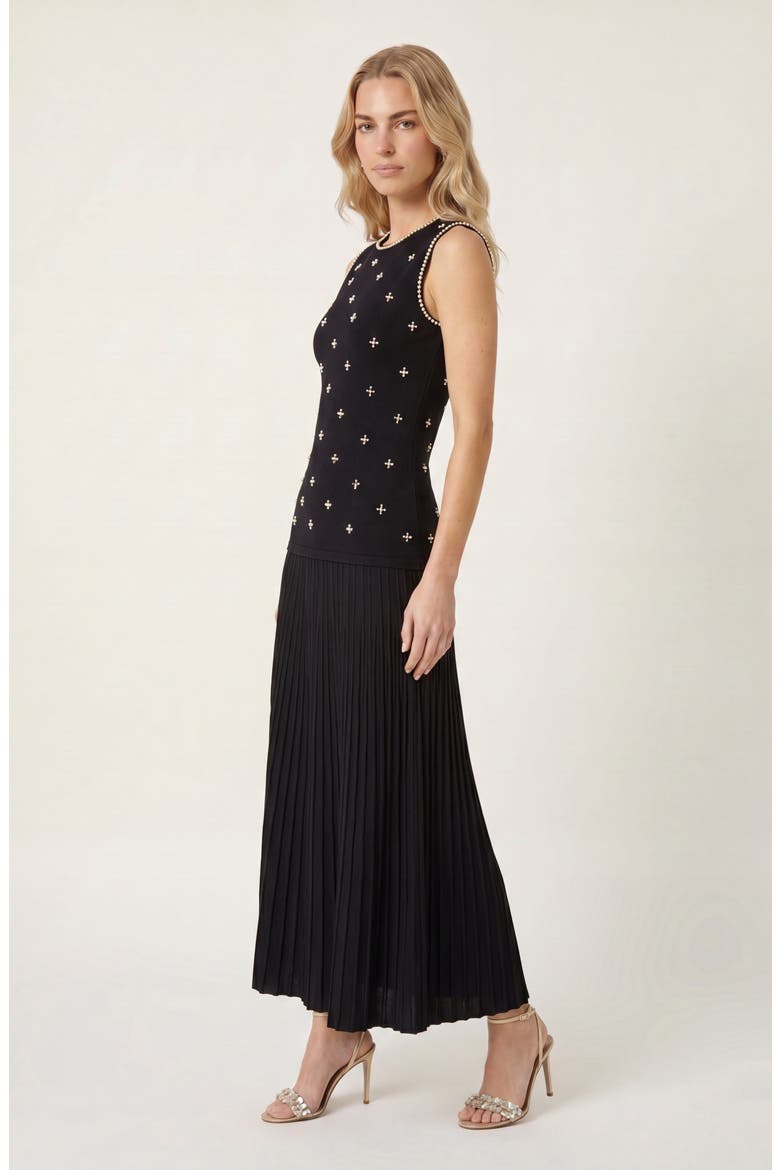 Pearl Embellished Pleated Midi Sleeveless Dress, Alternate, color, Black