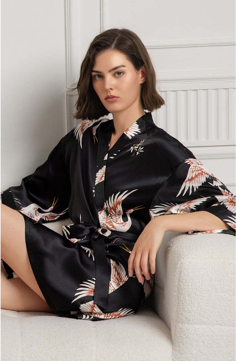 SILKSILKY 19Momme Pure Silk Printed Short Robe, Alternate, color, Black