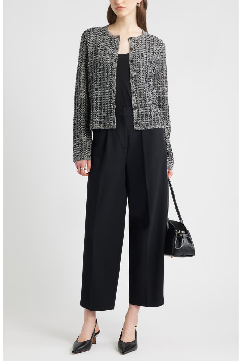 Textured Wool & Cashmere Cardigan, Alternate, color, BLACK- IVORY TEXTURE