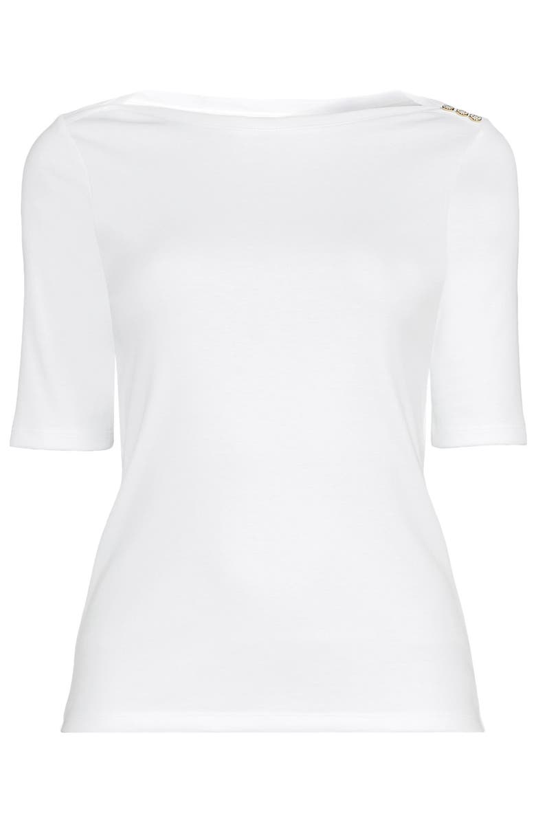 Lands' End Supima Cotton Elbow Sleeve Boatneck Button Shoulder Tee, Alternate, color, White