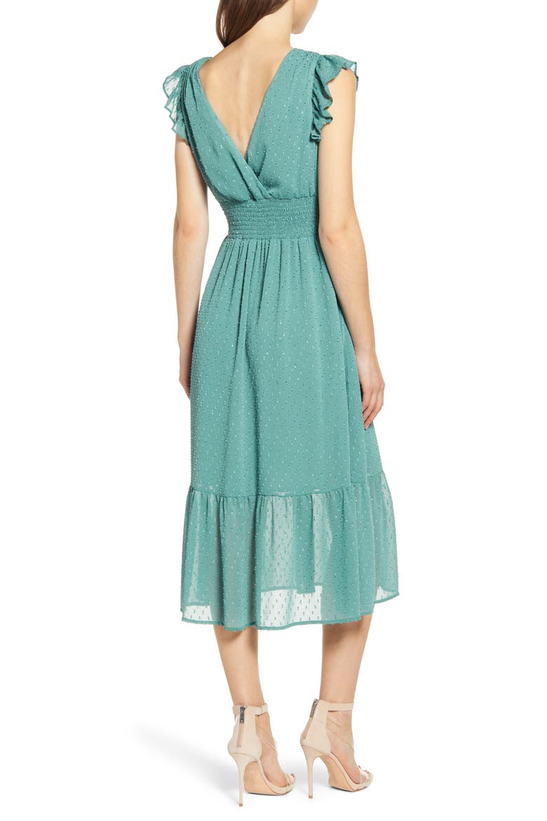 Smock Waist Ruffle Sleeve Cotton & Linen Dress, Alternate, color, GREEN