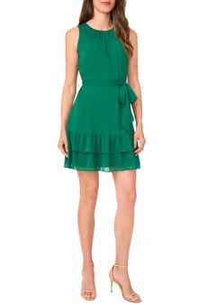 Halogen® Sleeveless Tie Belt Tiered Chiffon Minidress