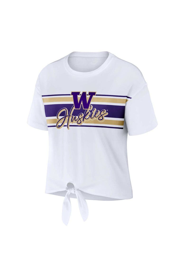Women's WEAR by Erin Andrews White Washington Huskies Striped Front Knot Cropped T-Shirt, Alternate, color, White
