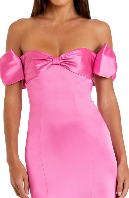 Mac Duggal Off The Shoulder Statement Bow Satin Mermaid Gown In Pink