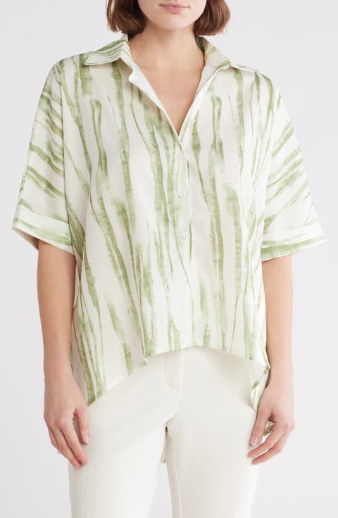 Patterned High-Low Button-Up Shirt