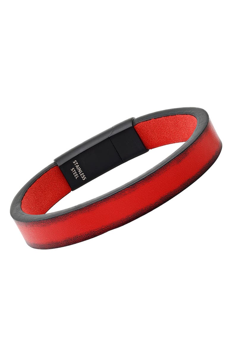 STEELTIME Men's Stainless Steel Red Leather Bracelet, Alternate, color, Red-Black