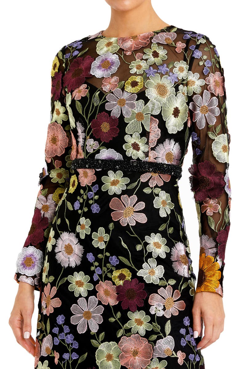 Mac Duggal Hand Stitched Floral Embellished High Neck A-Line Dress, Alternate, color, Black Multi