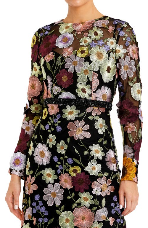Mac Duggal Hand Stitched Floral Embellished High Neck A-line Dress In Black Multi