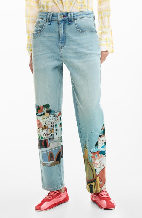 Graphic Print Ankle Taper Jeans