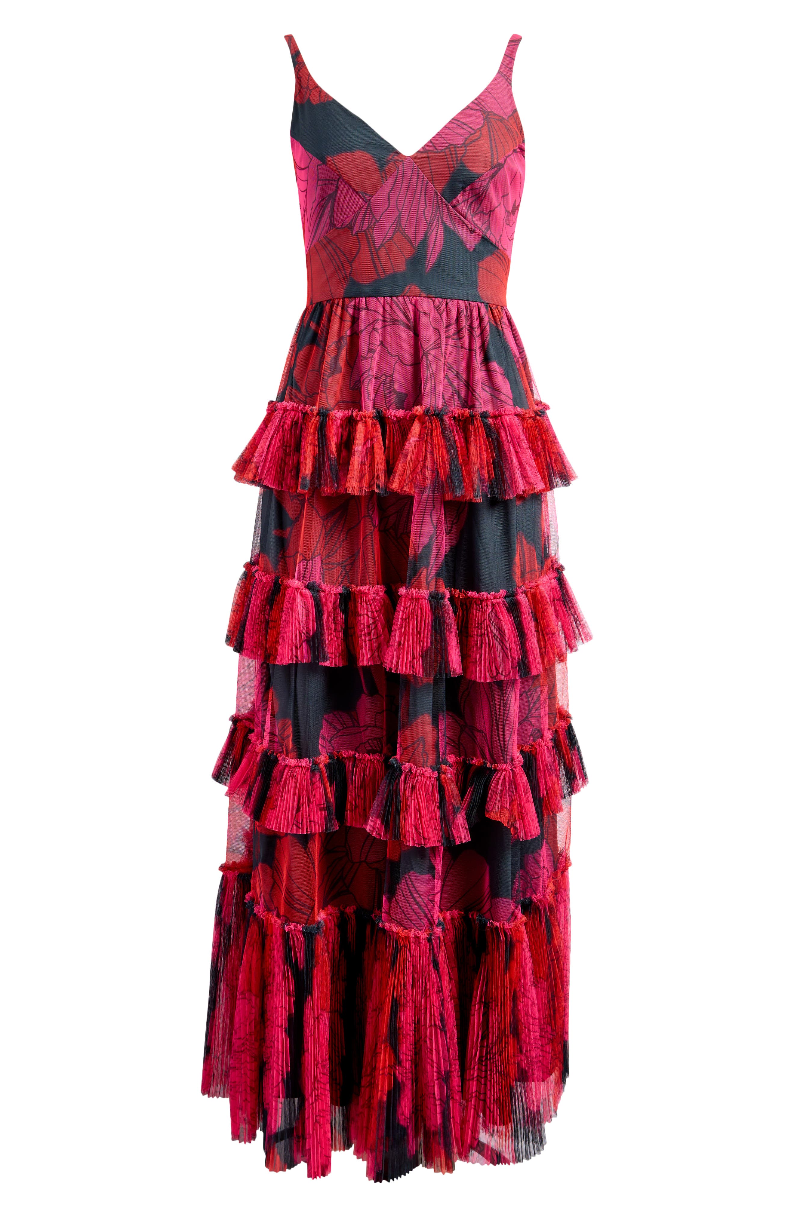 Hutch Freya Tulle Plissé Ruffle Gown in Pink Floral 