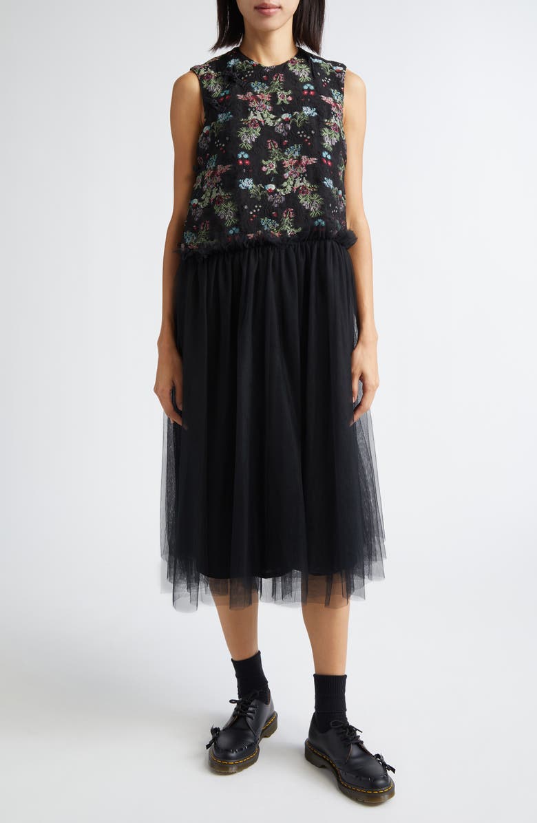 Noir Kei Ninomiya Floral Jacquard & Tulle Midi Dress, Main, color, Black X Multi