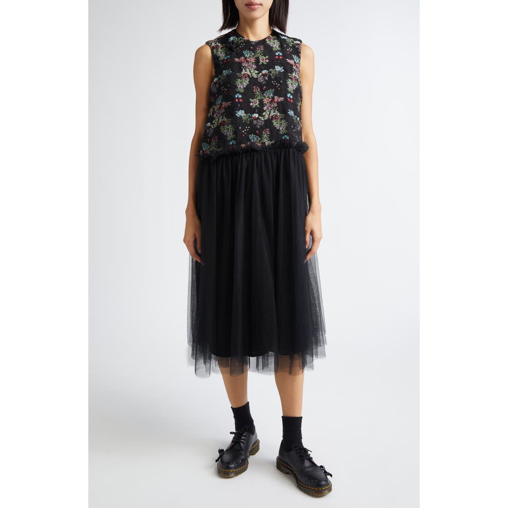 Noir Kei Ninomiya Floral Jacquard & Tulle Midi Dress in Black X Multi  product