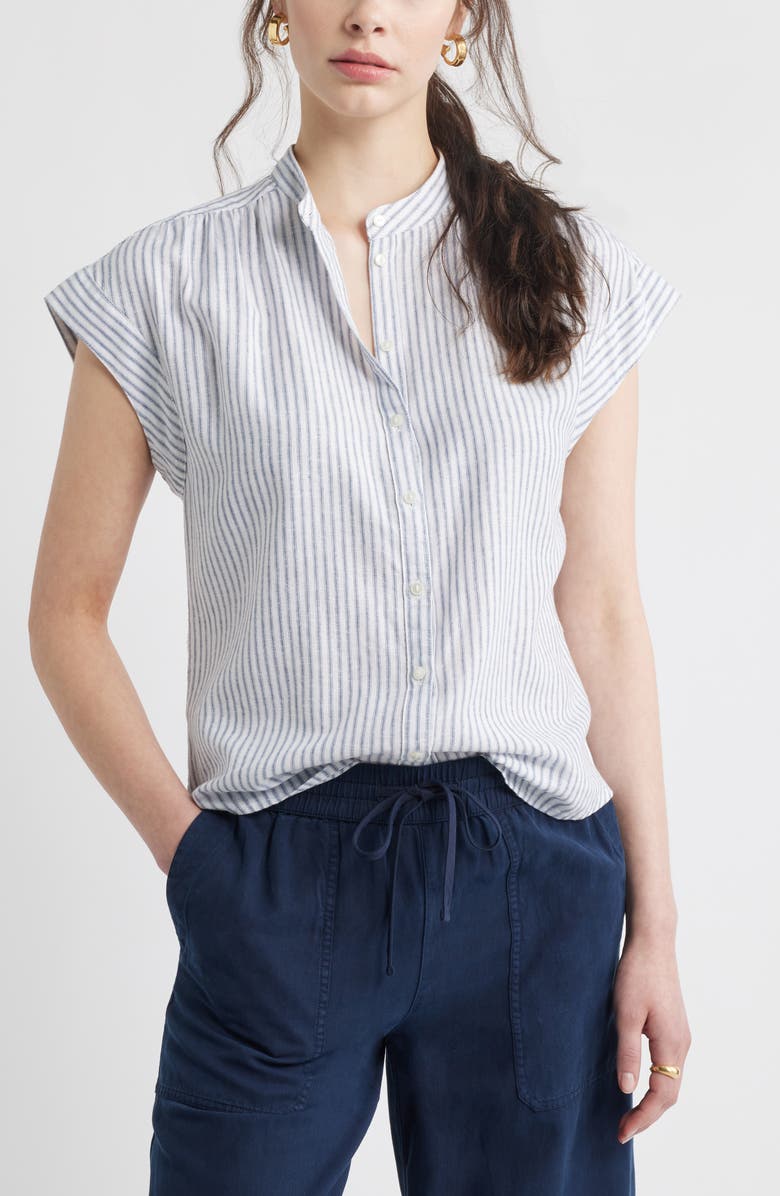 Caslon<sup>®</sup> Stripe Linen Blend Short Sleeve Button-Up Shirt, Main, color,