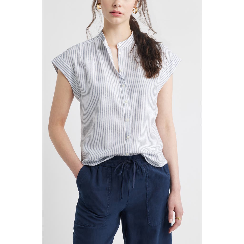 CASLONR CASLON(R) STRIPE LINEN BLEND SHORT SLEEVE BUTTON-UP SHIRT