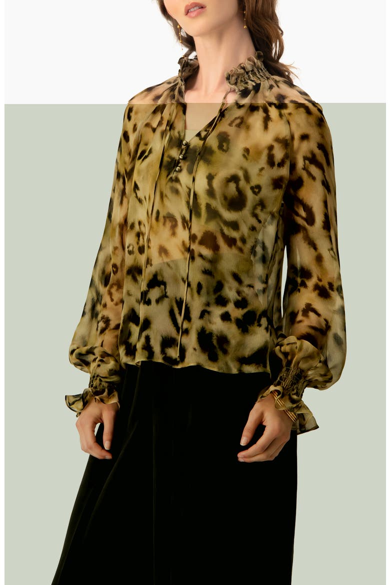 Sheer Chiffon Tie-Neck Blouse in Abstract Animal Print, Alternate, color, Olive Green