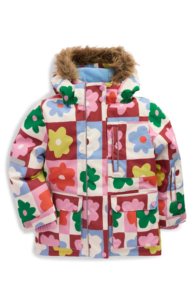 Mini Boden Kids' All Weather Faux Fur Trim Hooded Waterproof Coat, Main, color, Multi Flower Check