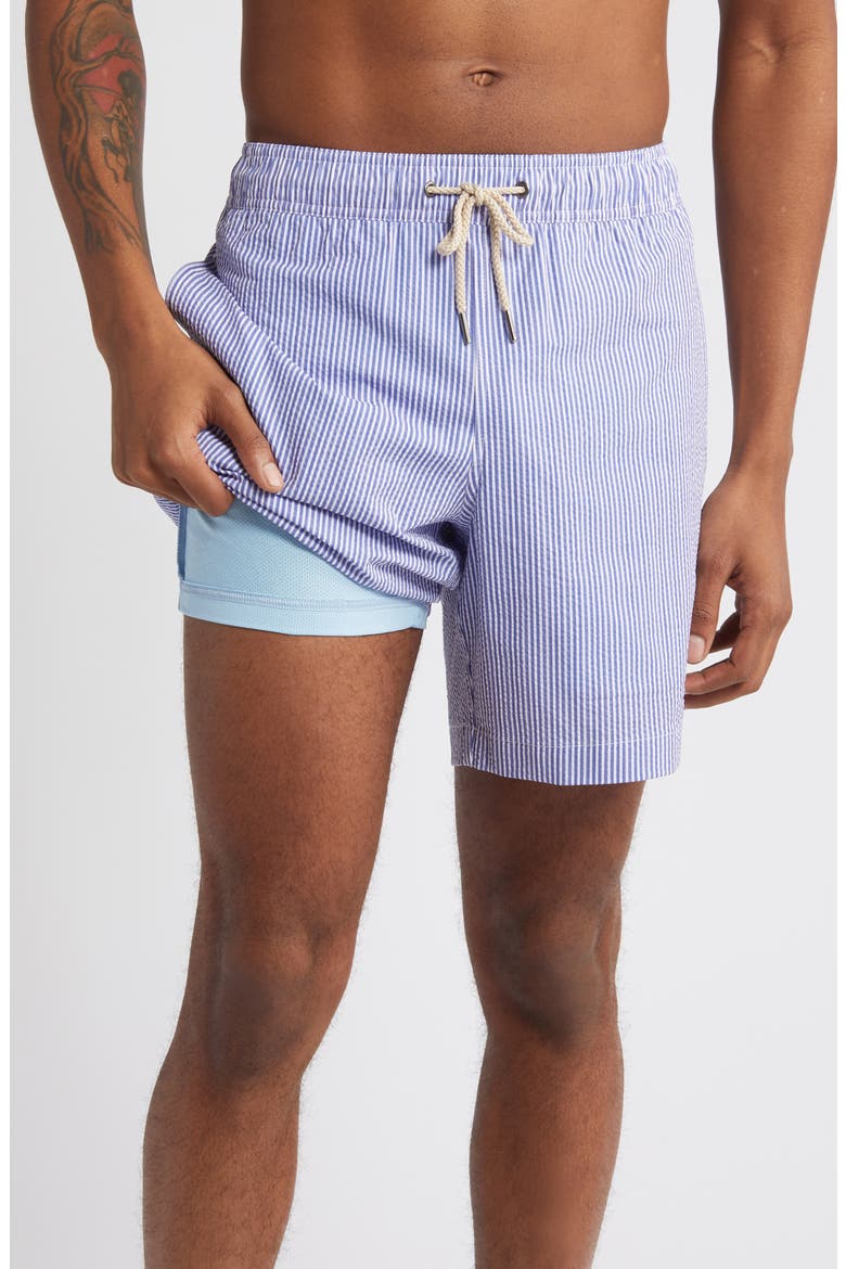 The Bayberry Medallion Print Water Repellent Swim Trunks, Main, color, LIGHT BLUE SEERSUCKER