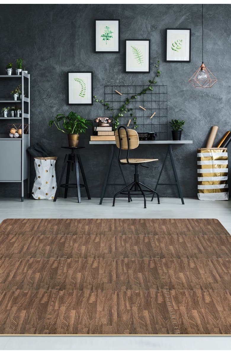 SORBUS Interlocking Floor Mat - Dark Wood Grain Print, 12 Pieces and Borders, Alternate, color, Dark Wood