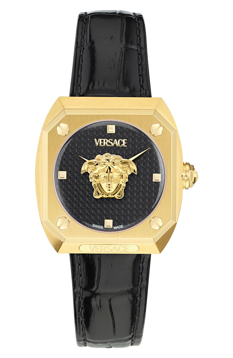 Versace Antares Leather Strap Watch, 35mm, Main, color, Yellow Gold