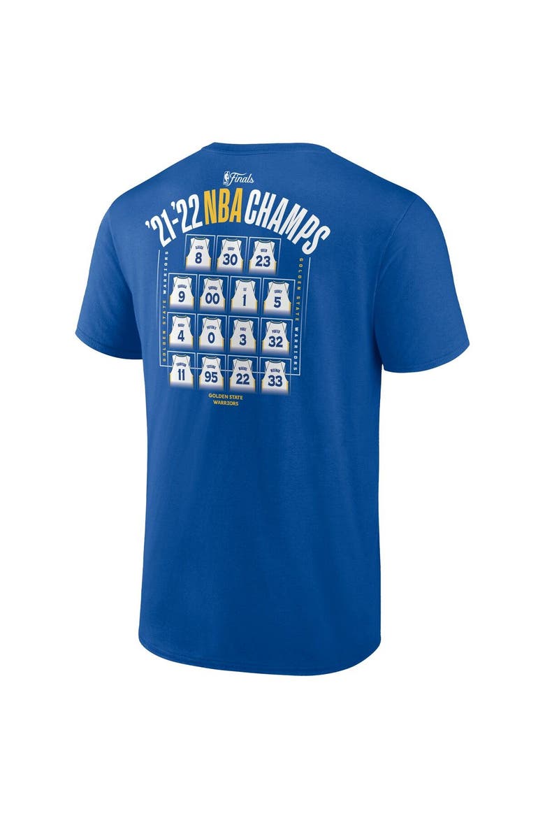 Men's Fanatics Branded Royal Golden State Warriors 2022 NBA Finals Champions Final Buzzer Jersey Roster T-Shirt, Alternate, color, Royal