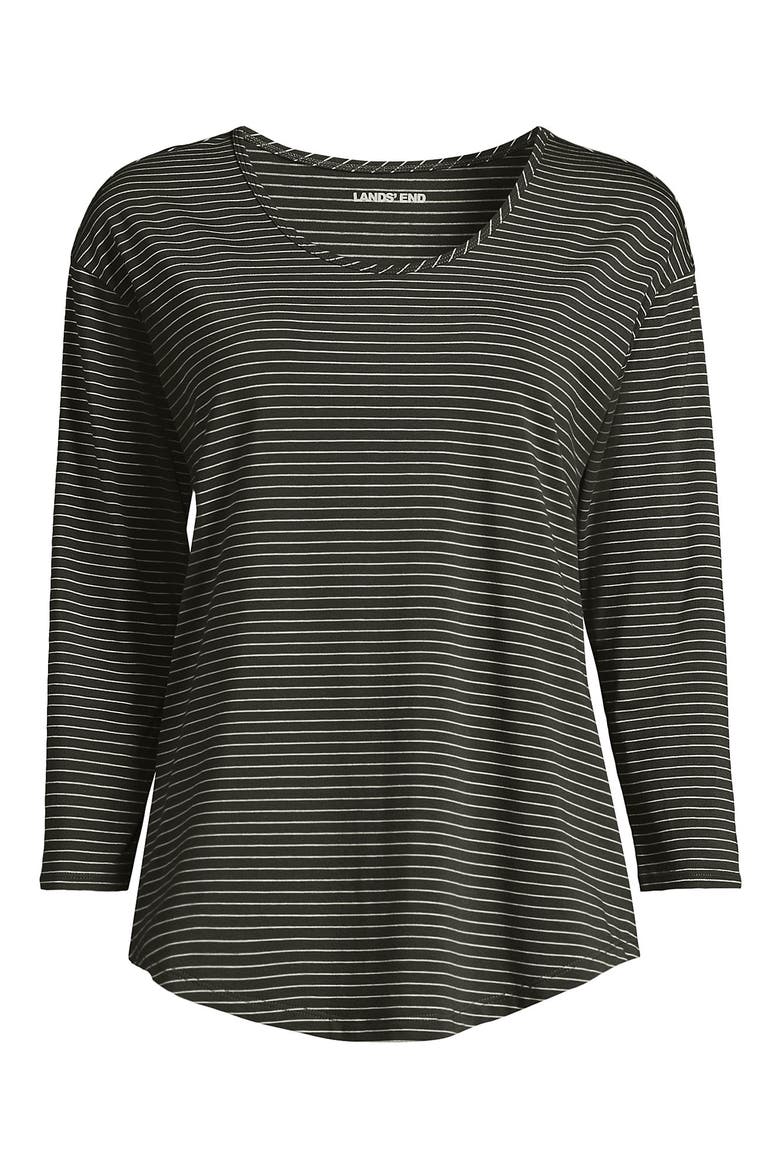3/4 Sleeve Lightweight Jersey U-Neck Tunic, Alternate, color, Forest Moss Thin Stripe
