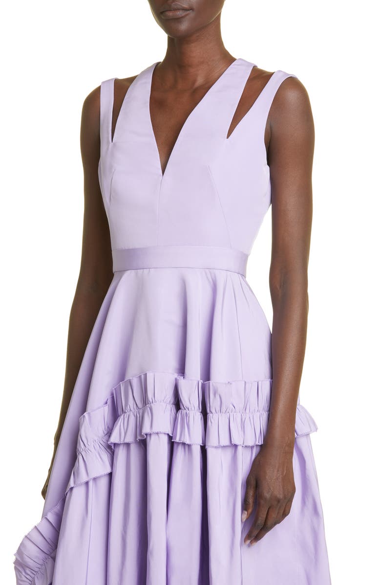McQueen Shoulder Cutout Ruffle Faille Midi Dress, Alternate, color,