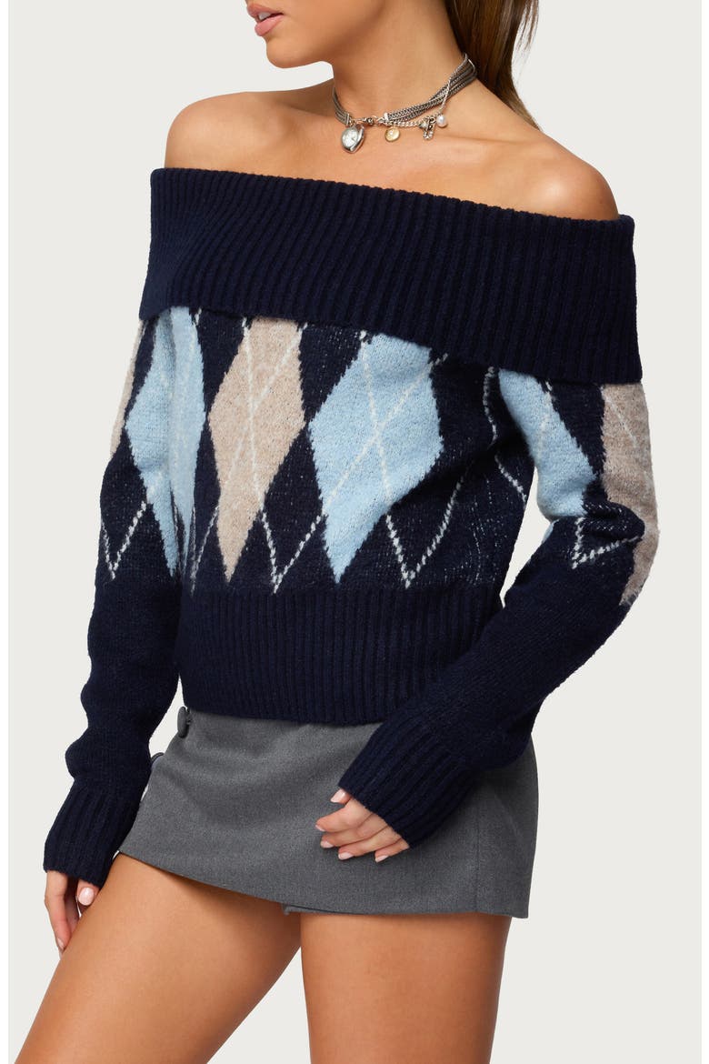 Jakarie Argyle Off the Shoulder Sweater, Alternate, color, NAVY