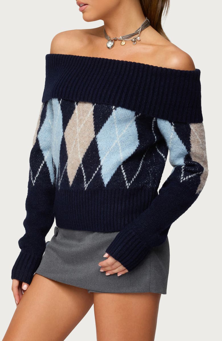EDIKTED Jakarie Argyle Off the Shoulder Sweater, Alternate, color, Navy